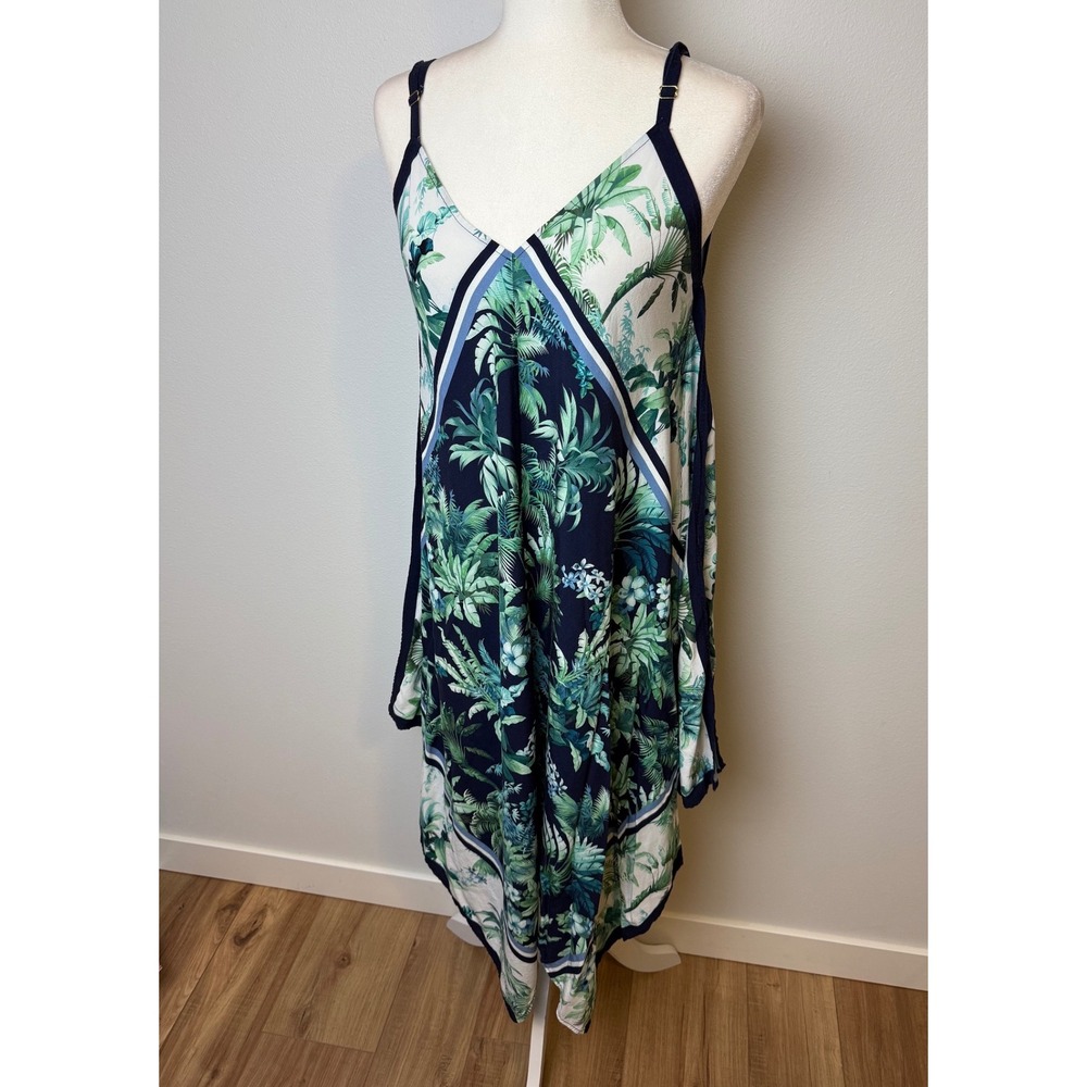 Tropical Palm Leaf Handkerchief Hem Midi Dress Navy Green White V-Neck Summer